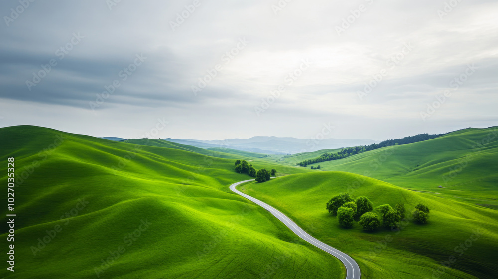 A winding highway through lush green hills under overcast skies A winding highway through lush green hills under overcast skies