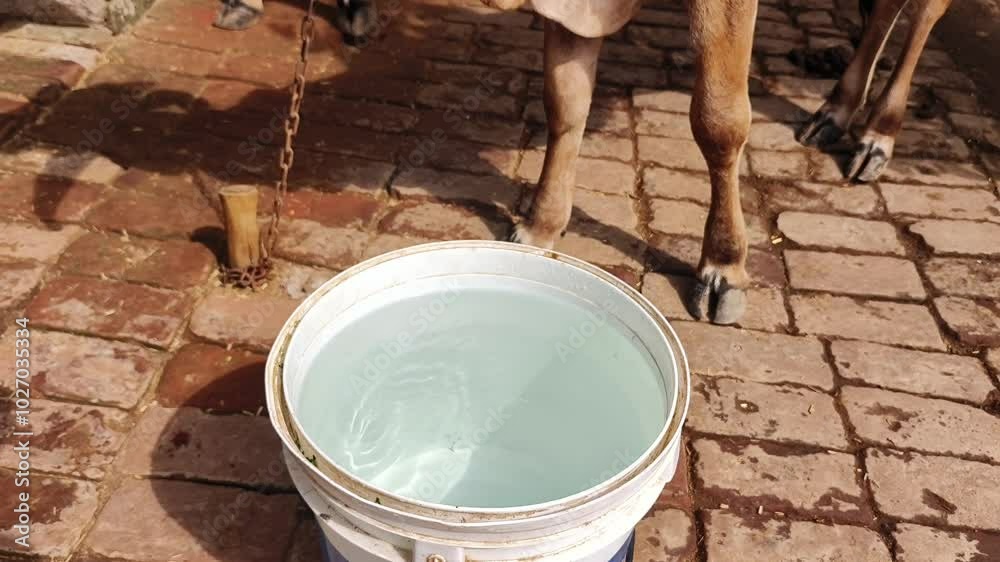 Sahiwal cattle zebu Indian cow drinking water from bucket. Sahiwal cattle zebu Indian cow drinking water from bucket.