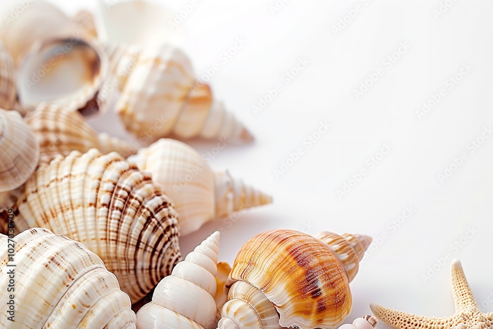 Seashells in closeup against a white backdrop. with an image of copy space. Location for inserting graphics or text, Generative AI. Seashells in closeup against a white backdrop. with an image of copy space. Location for inserting graphics or text, Generative AI.