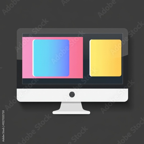 Modern computer monitor displaying colorful graphic designs on a sleek black background. mobile application icons