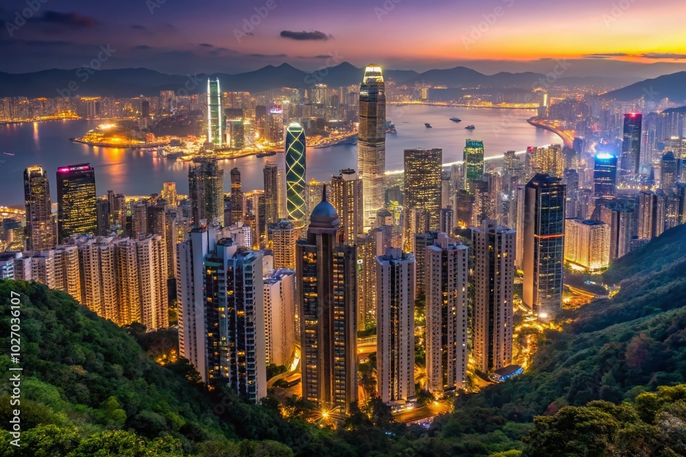 Obraz premium Stunning Minimalist Panorama of Foggy Hong Kong from Victoria Peak - A Serene Aerial View of the Cityscape