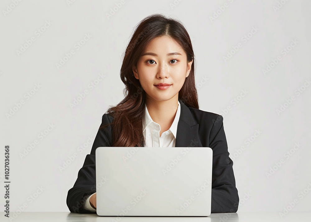 A professional woman in formal business attire sits confidently at a desk, working on a laptop, representing productivity and focus.
A professional woman in formal business attire sits confidently at a desk, working on a laptop, representing productivity and focus.