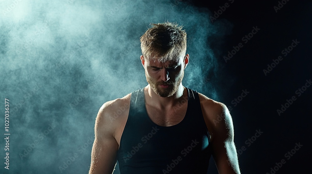 Obraz premium Strong Athlete in Dramatic Light and Smoke Background