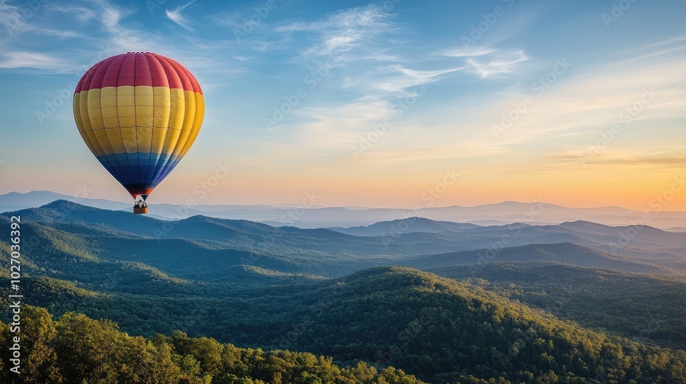 Fototapeta premium A balloon drifting in a clear blue sky, with scenic mountains and forests stretching below.