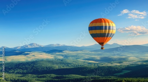 A balloon drifting in a clear blue sky, with scenic mountains and forests stretching below.