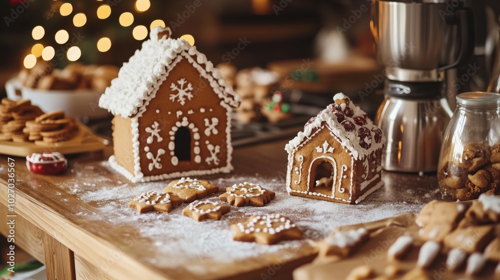 Cozy Christmas Eve kitchen scene - gingerbread houses, Christmas cookies, festive treats nearby. Warm winter day atmosphere. Background, banner, poster, wallpaper Cozy Christmas Eve kitchen scene - gingerbread houses, Christmas cookies, festive treats nearby. Warm winter day atmosphere. Background, banner, poster, wallpaper