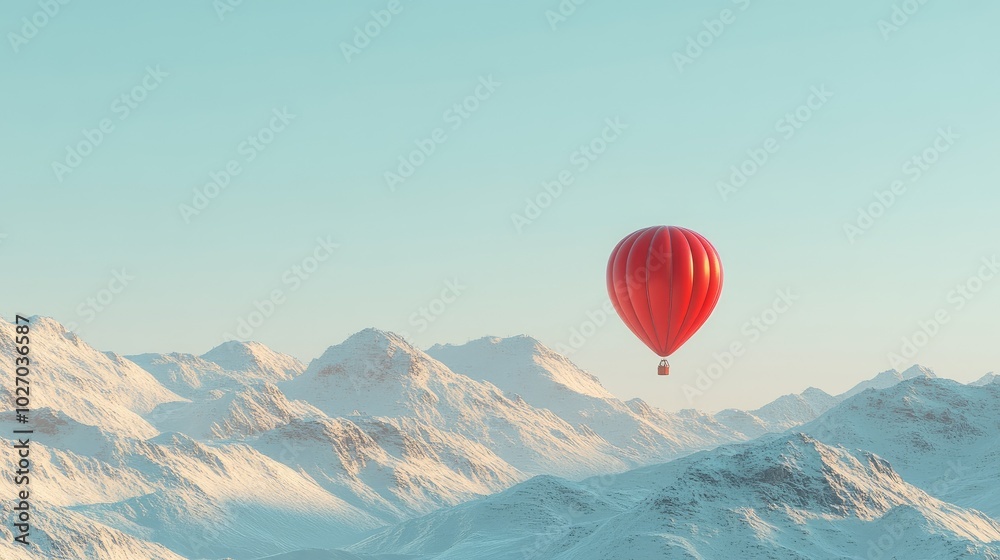 Fototapeta premium A balloon highlighted against the backdrop of snowy mountains and a clear sky. No people.