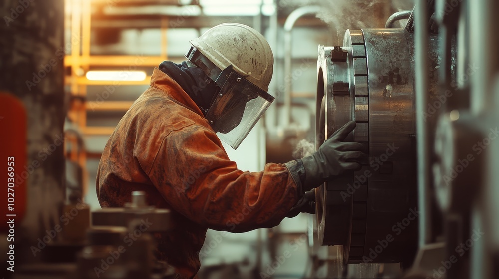 A worker in protective gear operates machinery in an industrial setting, emphasizing safety and precision. A worker in protective gear operates machinery in an industrial setting, emphasizing safety and precision.