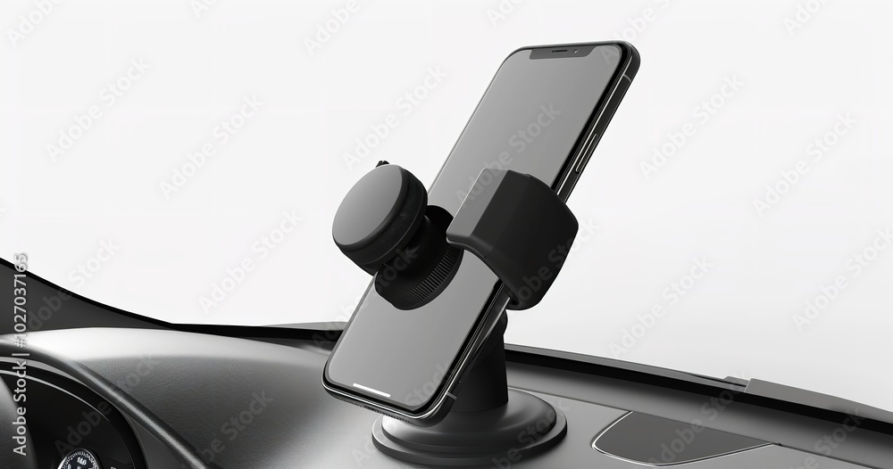 Naklejka premium Smartphone and cell phone holder in black for cars. White background with isolation, Generative AI.
