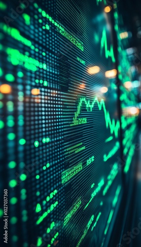 A close-up of a stock market ticker showing green numbers and a rising trend line.