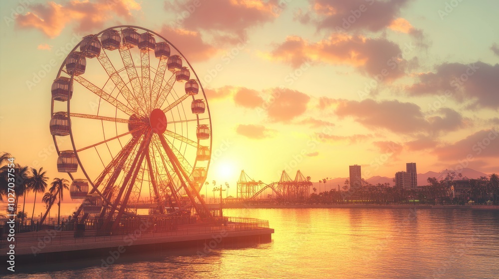 A Ferris wheel spinning under a soft orange sunset, with scenic water views in the background. A Ferris wheel spinning under a soft orange sunset, with scenic water views in the background.