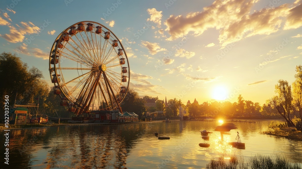 A Ferris wheel rising over a peaceful bay, with the sun low in the sky and scenic surroundings. No people. A Ferris wheel rising over a peaceful bay, with the sun low in the sky and scenic surroundings. No people.