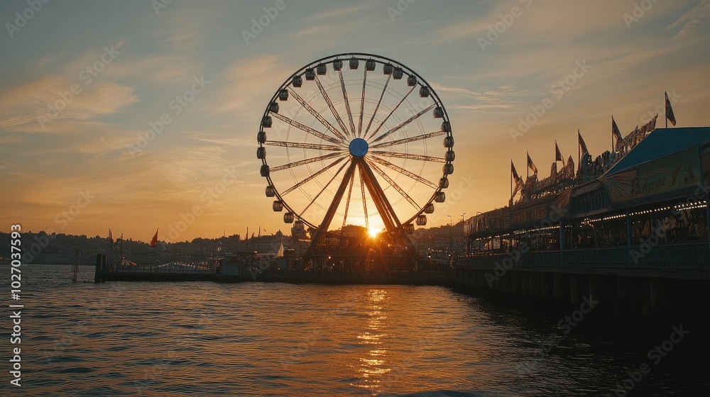 A Ferris wheel spinning under a soft orange sunset, with scenic water views in the background. A Ferris wheel spinning under a soft orange sunset, with scenic water views in the background.