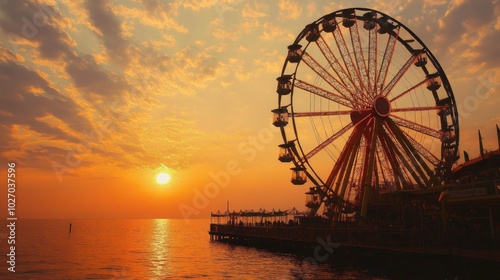 A Ferris wheel spinning under a soft orange sunset, with scenic water views in the background.