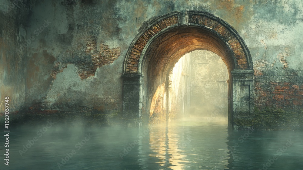 Naklejka premium An Arched Stone Gateway Leading to a Foggy Cityscape