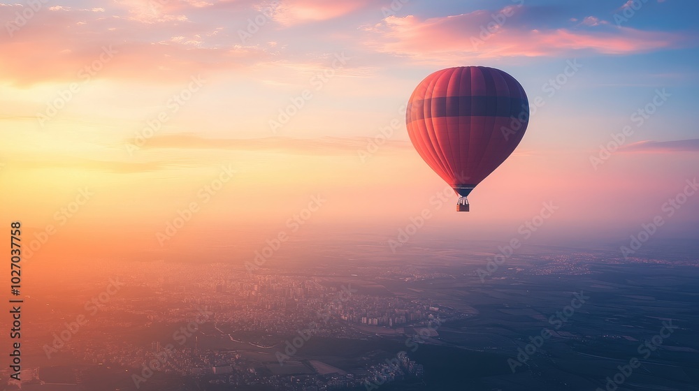 Fototapeta premium A lone balloon highlighted against a vibrant sunset sky, with scenic cityscape far below.