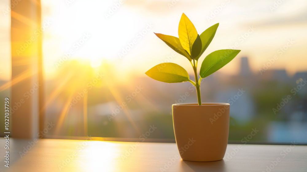 Morning sunlight streaming through an apartment window onto a vibrant plant Morning sunlight streaming through an apartment window onto a vibrant plant