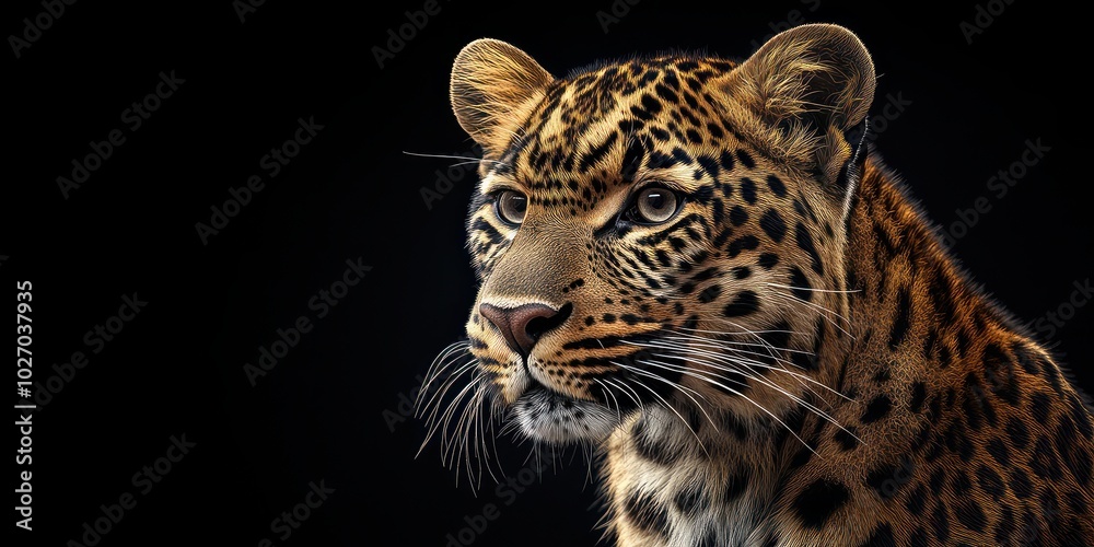 Fototapeta premium Detailed close-up of a leopard highlighting its spotted fur and focused expression