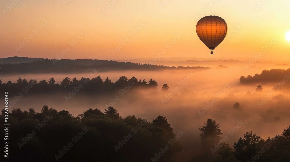Obraz premium A single balloon rising into a clear dawn sky, with a scenic forest in the background. No people.