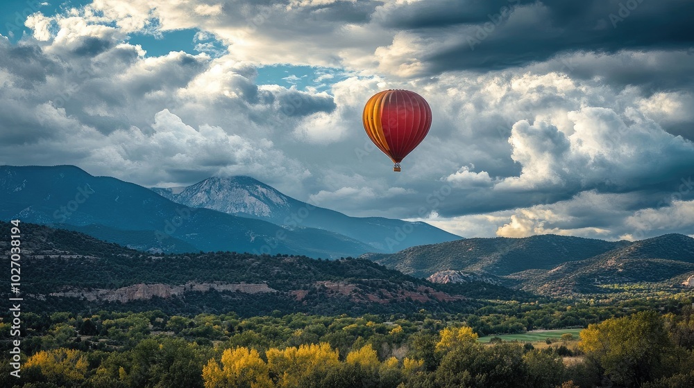 Obraz premium A single balloon rising into a cloudy sky, with a scenic mountain range in the background. No people.
