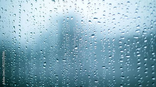 Raindrops create fluid patterns on a window pane during a rainy day