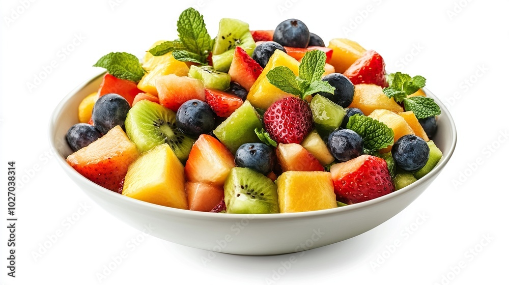 A bowl of fresh fruit salad featuring strawberries, kiwi, and pineapple, set on a rustic wooden table. A bowl of fresh fruit salad featuring strawberries, kiwi, and pineapple, set on a rustic wooden table.