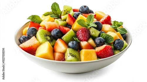 A bowl of fresh fruit salad featuring strawberries, kiwi, and pineapple, set on a rustic wooden table.