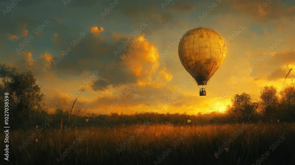 Obraz premium A solitary balloon illuminated by the setting sun, with scenic fields below. No people.