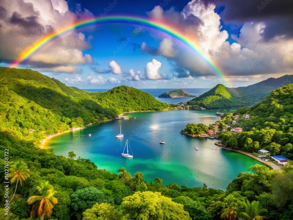 Stunning Rainbow Over Marigot Bay with Bokeh Effect for Serene Scenic View Stunning Rainbow Over Marigot Bay with Bokeh Effect for Serene Scenic View