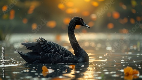 Fototapeta Naklejka Na Ścianę i Meble -  Black Swan in Golden Light: A Serene Moment in Nature