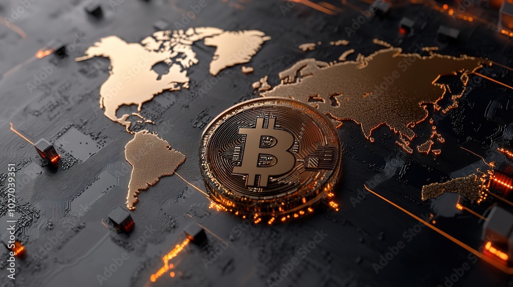 Naklejka premium Bitcoin Coin on World Map with Digital Elements
