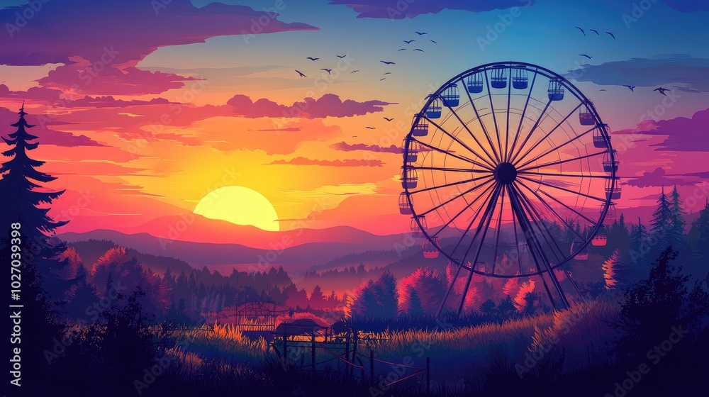 Ferris wheel silhouetted against a colorful sunset, with scenic landscape in the background. No people.