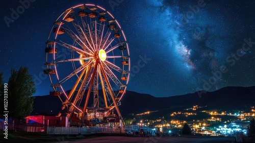 Ferris wheel shining brightly against the night sky, with scenic landscapes far below. No people.