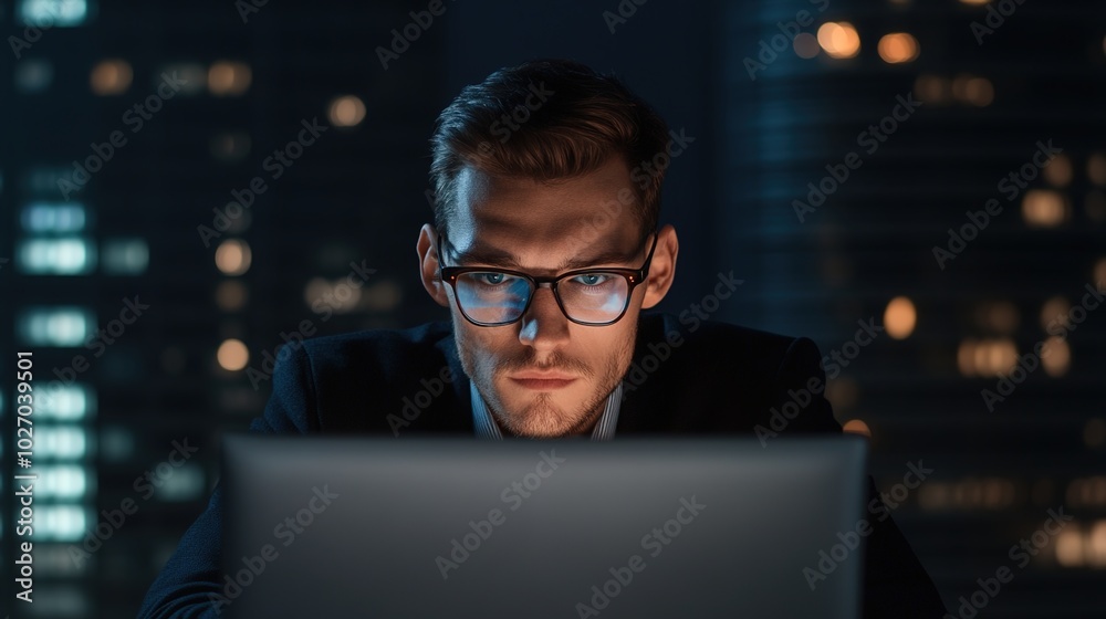 Focused Man Working Late on Computer at Night Focused Man Working Late on Computer at Night