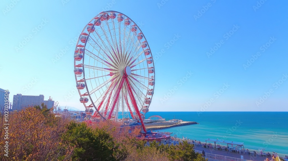 Fototapeta premium Ferris wheel spinning under a clear blue sky, with the ocean stretching out in the distance. No people.