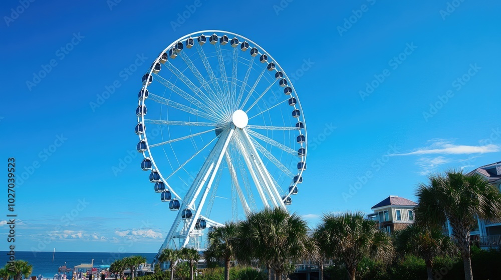 Ferris wheel standing tall against a clear blue sky, with scenic views in the background. No people. Ferris wheel standing tall against a clear blue sky, with scenic views in the background. No people.