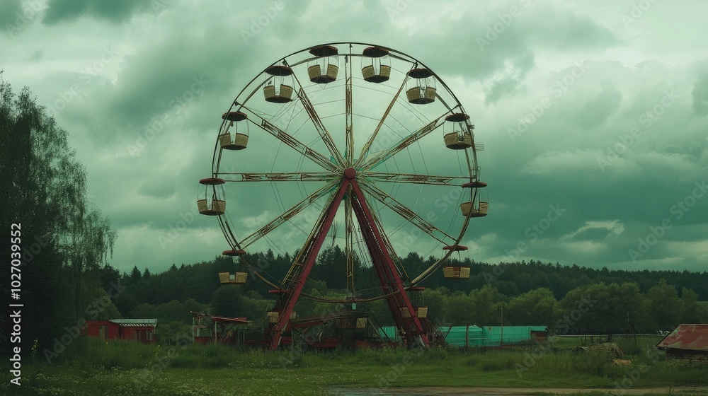 Ferris wheel standing tall against a cloudy sky with scenic green landscapes in the background. Ferris wheel standing tall against a cloudy sky with scenic green landscapes in the background.