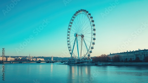 Ferris wheel standing tall against a clear blue sky, with scenic views in the background. No people.