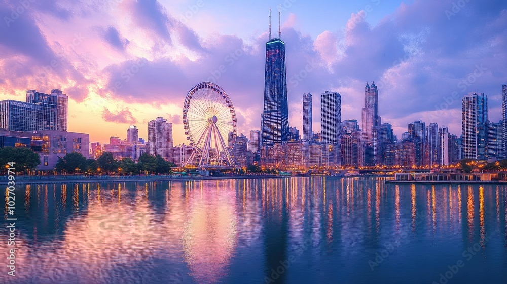 Fototapeta premium Ferris wheel towering over a scenic city skyline at twilight, framed by a glowing sky. No people.