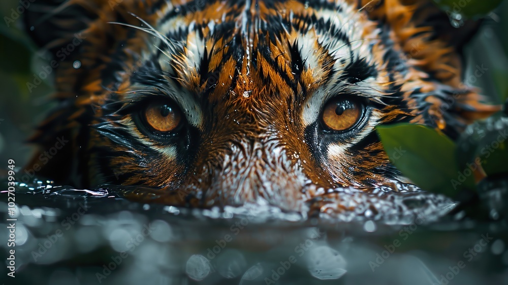 Close Up of a Tiger's Eyes in Water Close Up of a Tiger's Eyes in Water