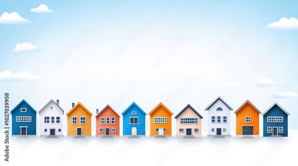 Colorful houses lined up against a clear blue sky, showcasing a vibrant and inviting neighborhood setting.