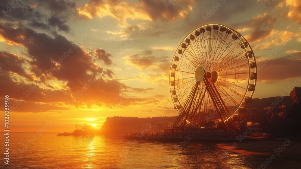 Giant Ferris wheel standing out against a dramatic sunset with the sea and scenic cliffs behind it. No people. Giant Ferris wheel standing out against a dramatic sunset with the sea and scenic cliffs behind it. No people.