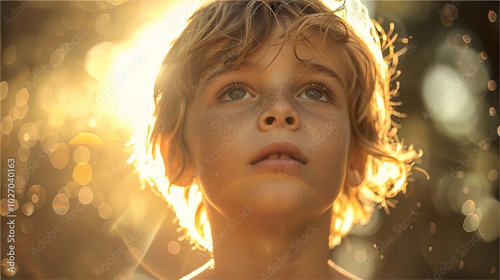 Fototapeta premium A Boy's Hopeful Gaze: Sunlit Portrait of Innocence