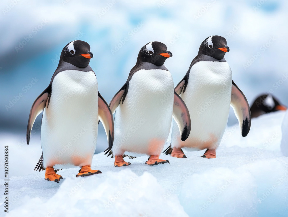 Fototapeta premium Penguins walking along ice shelf in a stunning wildlife capture