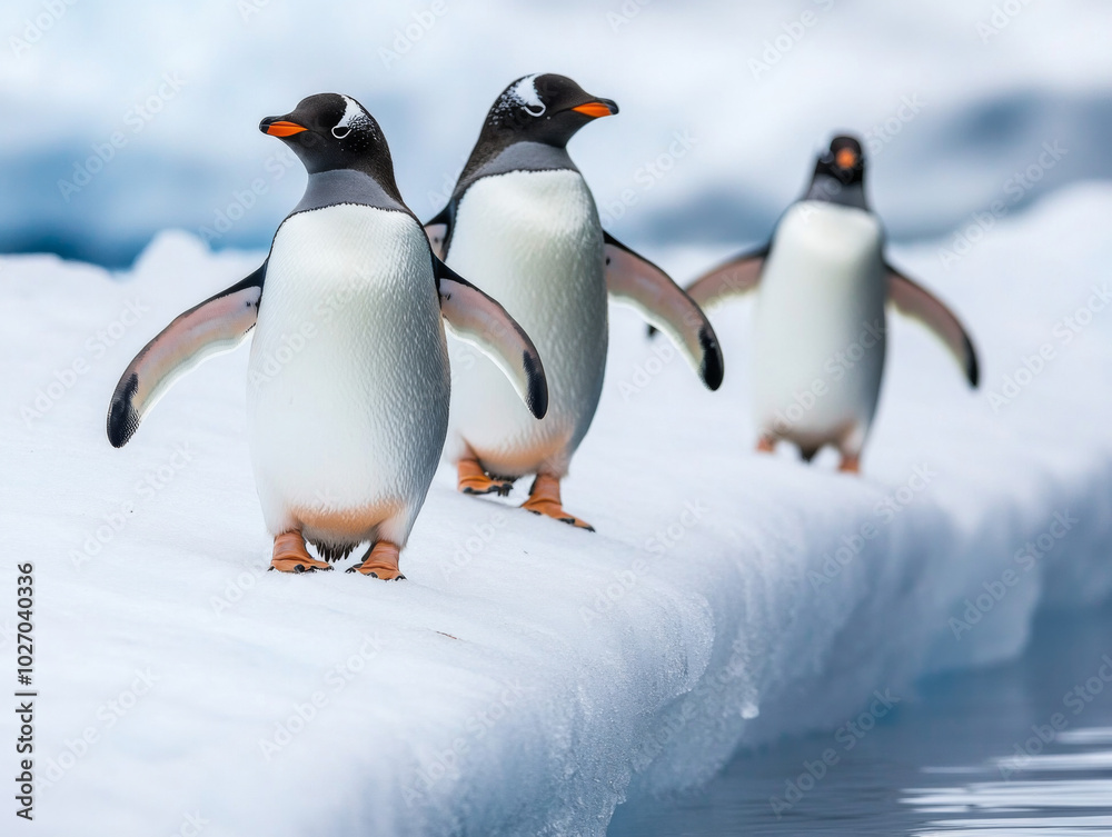 Fototapeta premium Gentoo penguins walking on an ice shelf in the Antarctic wilderness
