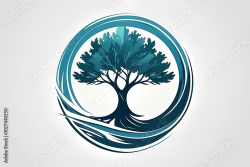 Wallpaper Mural circular tree illustration encircled by blue and green water rings, representing harmony between nature and water Torontodigital.ca