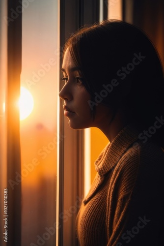 Depressed lonely young woman looking through the window