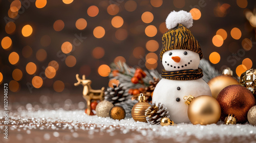 cheerful snowman wearing hat and scarf stands among festive decorations, including ornaments and pinecones, creating warm holiday atmosphere