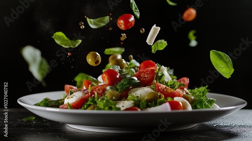 A white plate with salad and floating in the air ingredients: olives, lettuce, onion, tomato, mozzarella cheese, parsley, basil and olive oil. Black background.