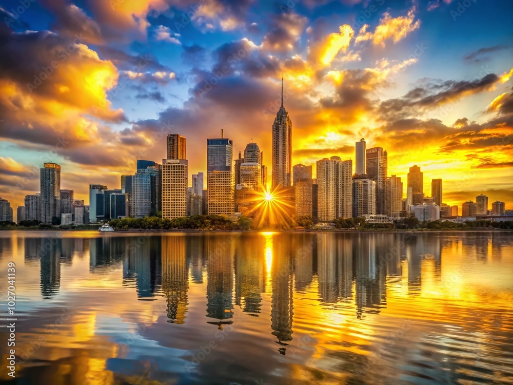 Stunning Sunset Over Modern City Skyline Reflected in Water - Architectural Photography Stunning Sunset Over Modern City Skyline Reflected in Water - Architectural Photography